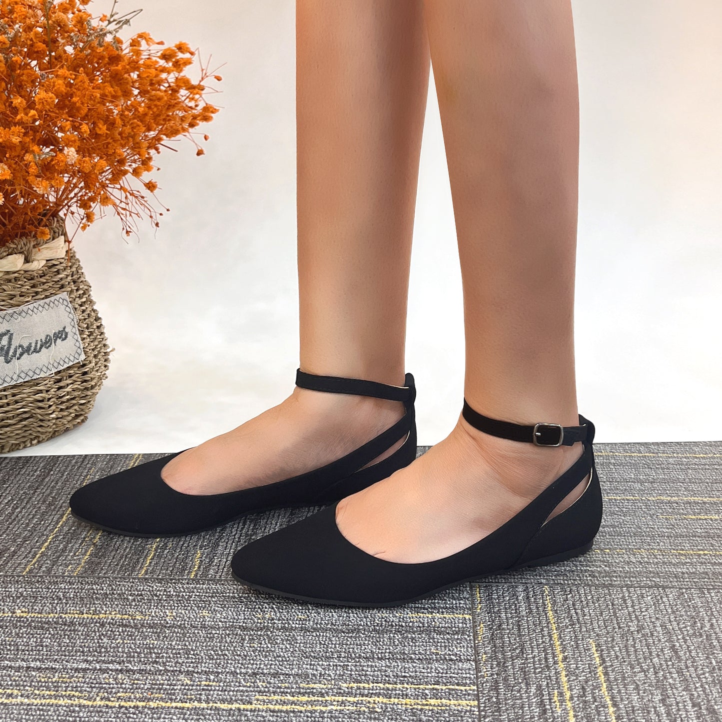 Womens Low Kitten Heel Pumps with Ankle Strap Pointed Toe Dress Shoes