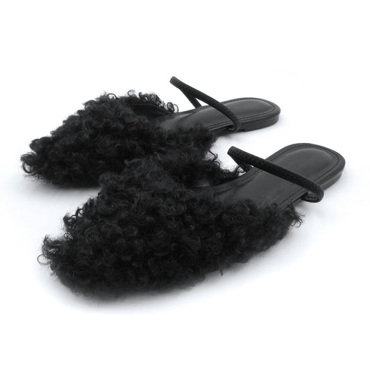 Women's Fluffy Flat Slippers for All Seasons – Stylish Pointed Toe Design, Soft Latex Insole, Non-Slip Rubber Sole for Comfort and Durability, Perfect for Everyday Elegance