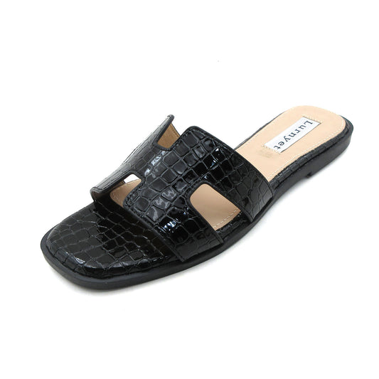Women's Comfort Cushion Flat Sandal with Crocodile Pattern: Stylish Design Slide, Non-Slip Rubber Sole, Latex Insole for Comfort, Perfect for Parties, Gatherings, Casual Wear, Vacations, and Beach Days