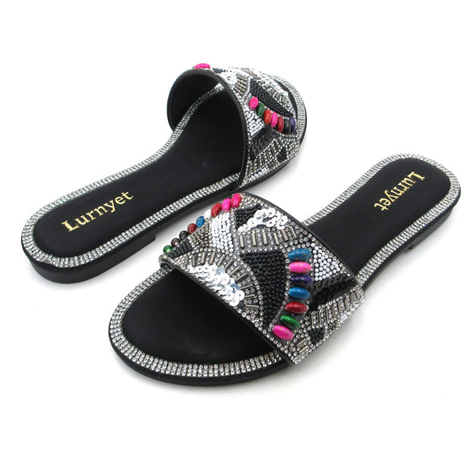 Women's Rhinestone Crystal Embellished and Beaded Comfort Cushion Slide Sandals with Multicolor Gemstone Accents: Perfect for Parties, Gatherings, Casual Wear, Vacations, and Beach Days
