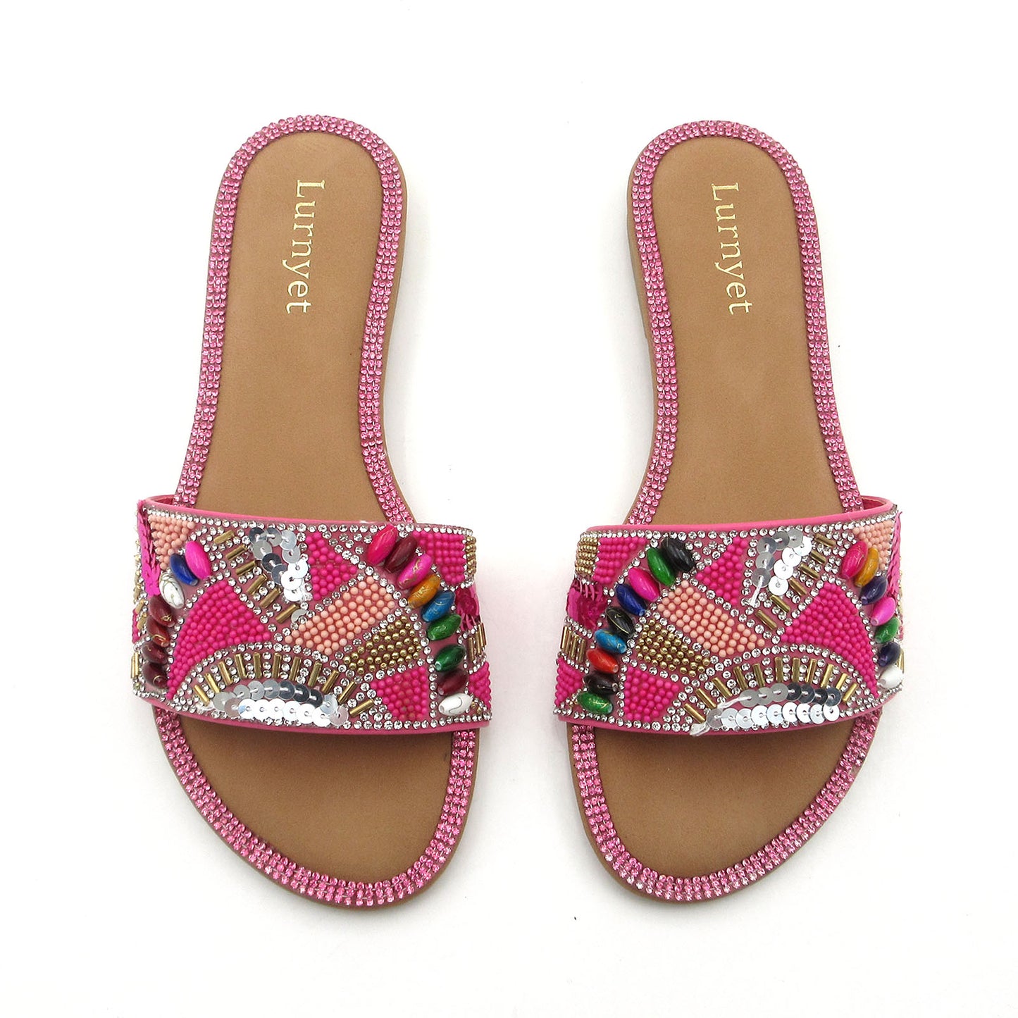 Women's Rhinestone Crystal Embellished and Beaded Comfort Cushion Slide Sandals with Multicolor Gemstone Accents: Perfect for Parties, Gatherings, Casual Wear, Vacations, and Beach Days