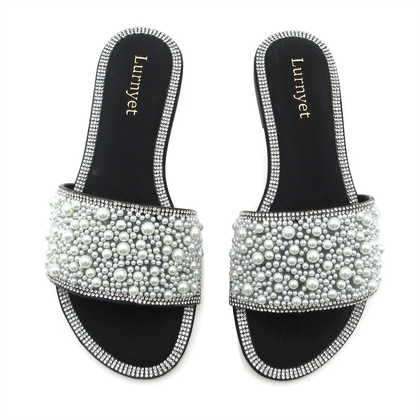 Women's Sparkle Pearl Flat Sandals with Rhinestone Slip On Slippers Summer Casual Shoes Size 6-10
