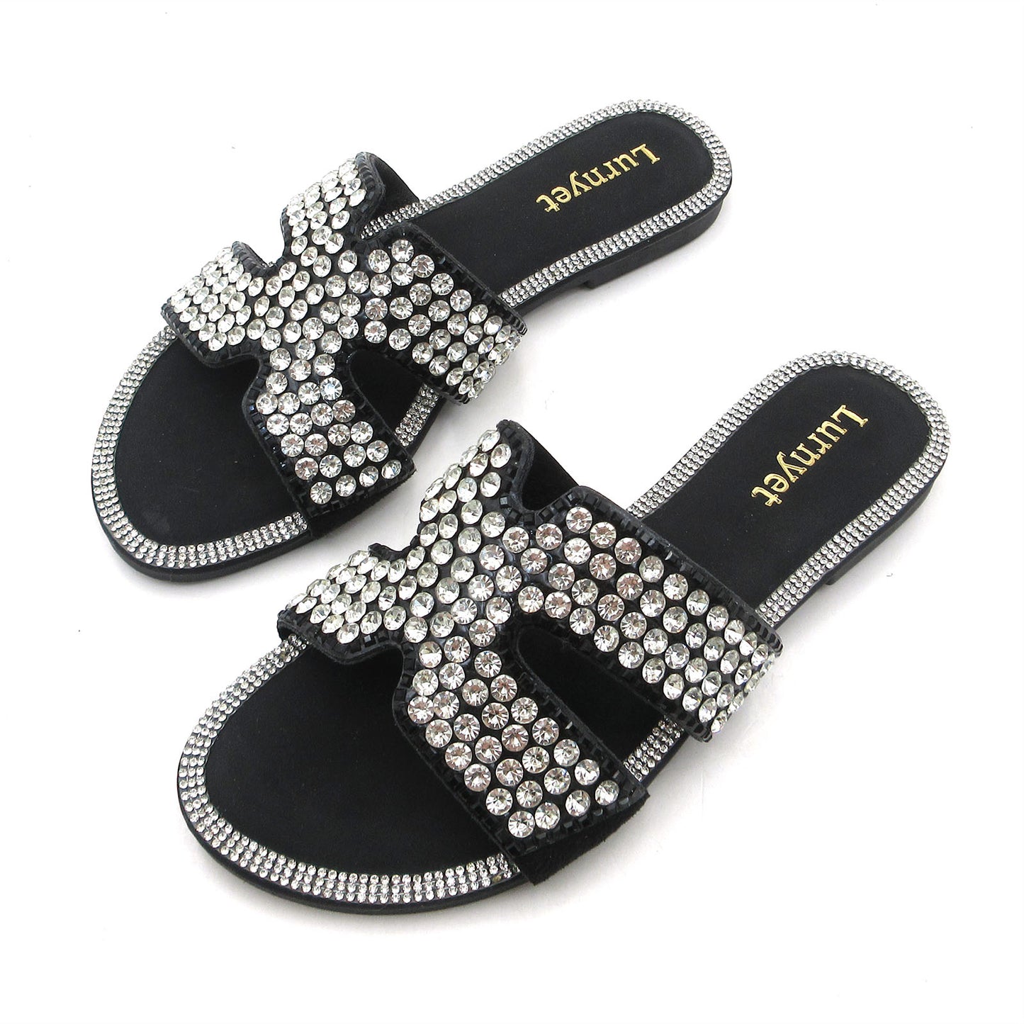 Women's Crystal Embellished Comfort Cushion Slide Sandals with H Design and Rhinestone Studded: Stylish Design, Non-Slip Rubber Sole, Latex Insole for Comfort, Perfect for Shopping, Parties, and Casual Outings