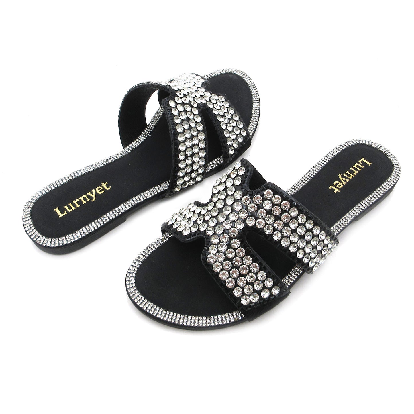 Women's Crystal Embellished Comfort Cushion Slide Sandals with H Design and Rhinestone Studded: Stylish Design, Non-Slip Rubber Sole, Latex Insole for Comfort, Perfect for Shopping, Parties, and Casual Outings