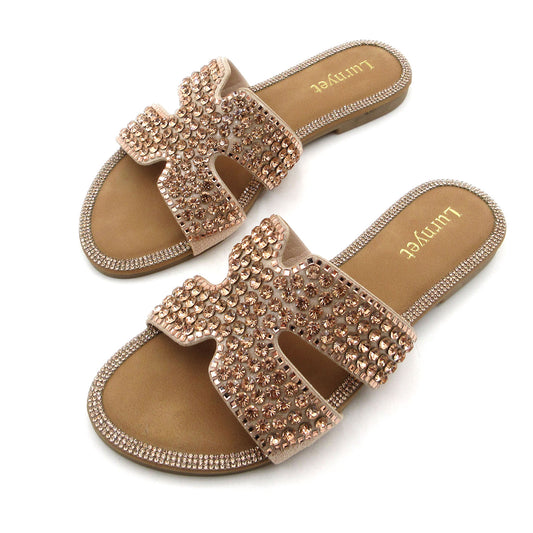 Women's Crystal Embellished Comfort Cushion Slide Sandals with H Design and Rhinestone Studded: Stylish Design, Non-Slip Rubber Sole, Latex Insole for Comfort, Perfect for Shopping, Parties, and Casual Outings