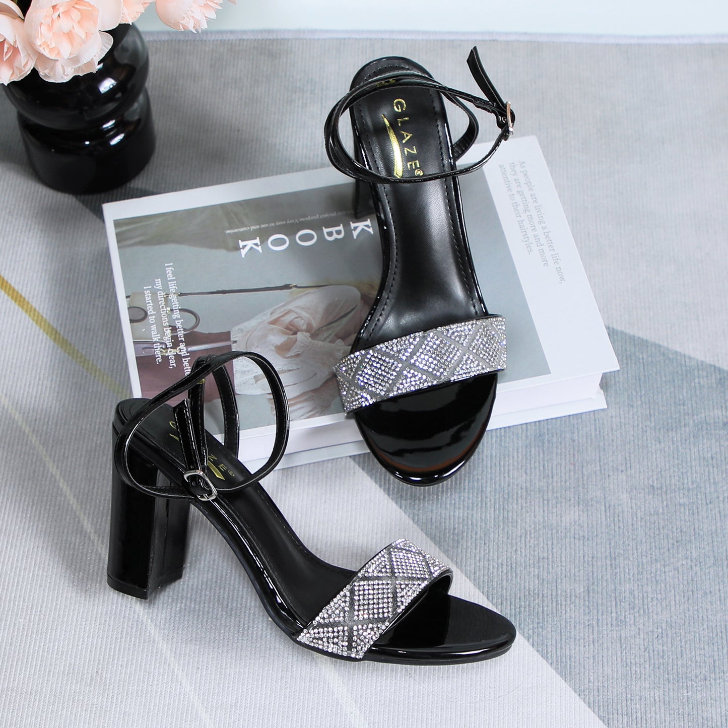 Women's Elegant Rhinestone Ankle Strap Sandals Open Toe Spaghetti Strap High Heel Thick Bottom Adjustable Buckle