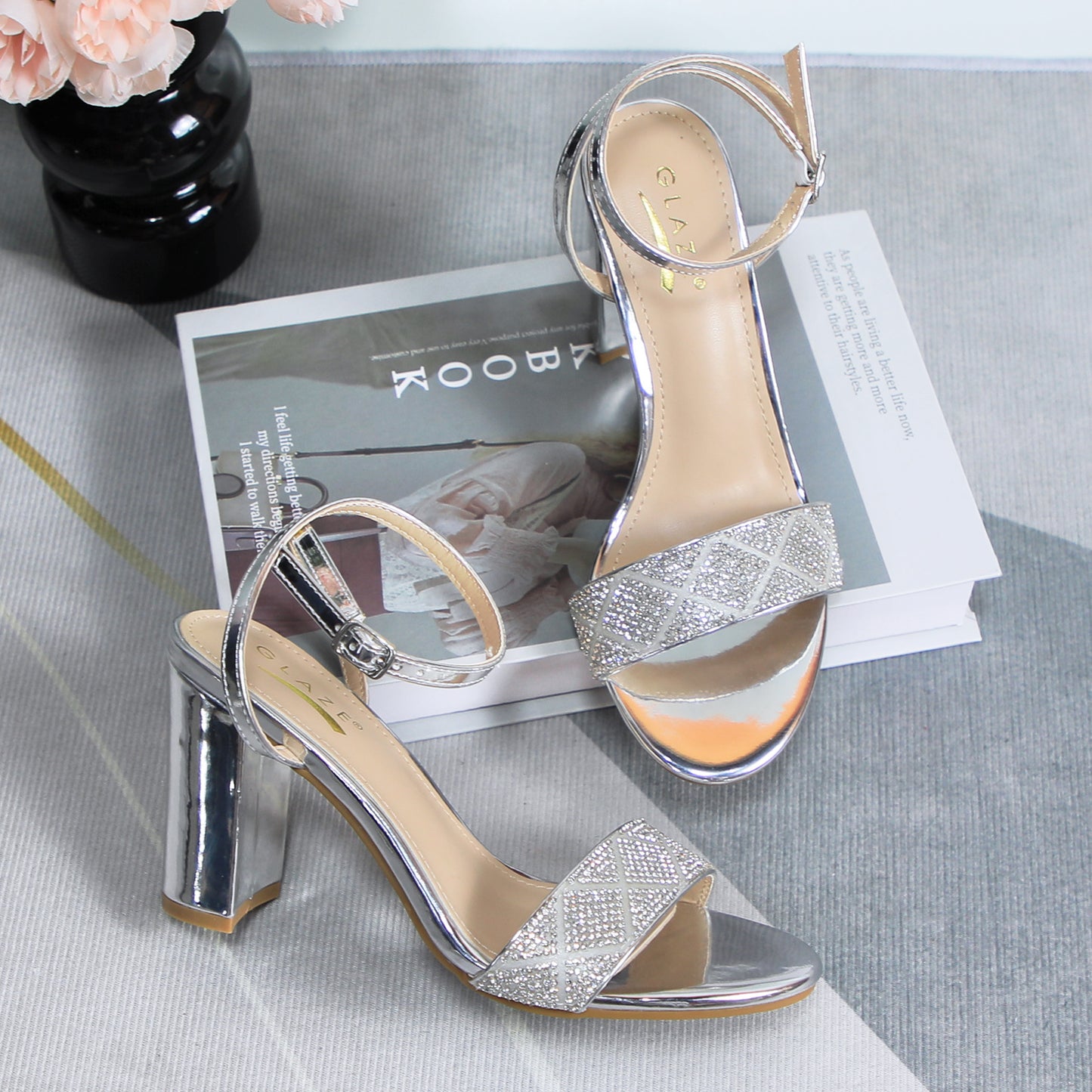 Women's Elegant Rhinestone Ankle Strap Sandals Open Toe Spaghetti Strap High Heel Thick Bottom Adjustable Buckle