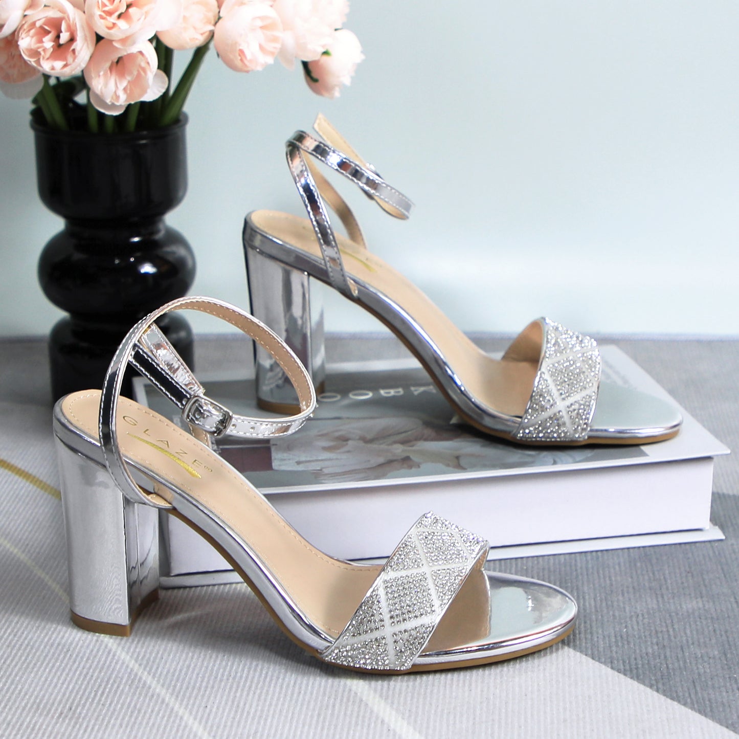 Women's Elegant Rhinestone Ankle Strap Sandals Open Toe Spaghetti Strap High Heel Thick Bottom Adjustable Buckle