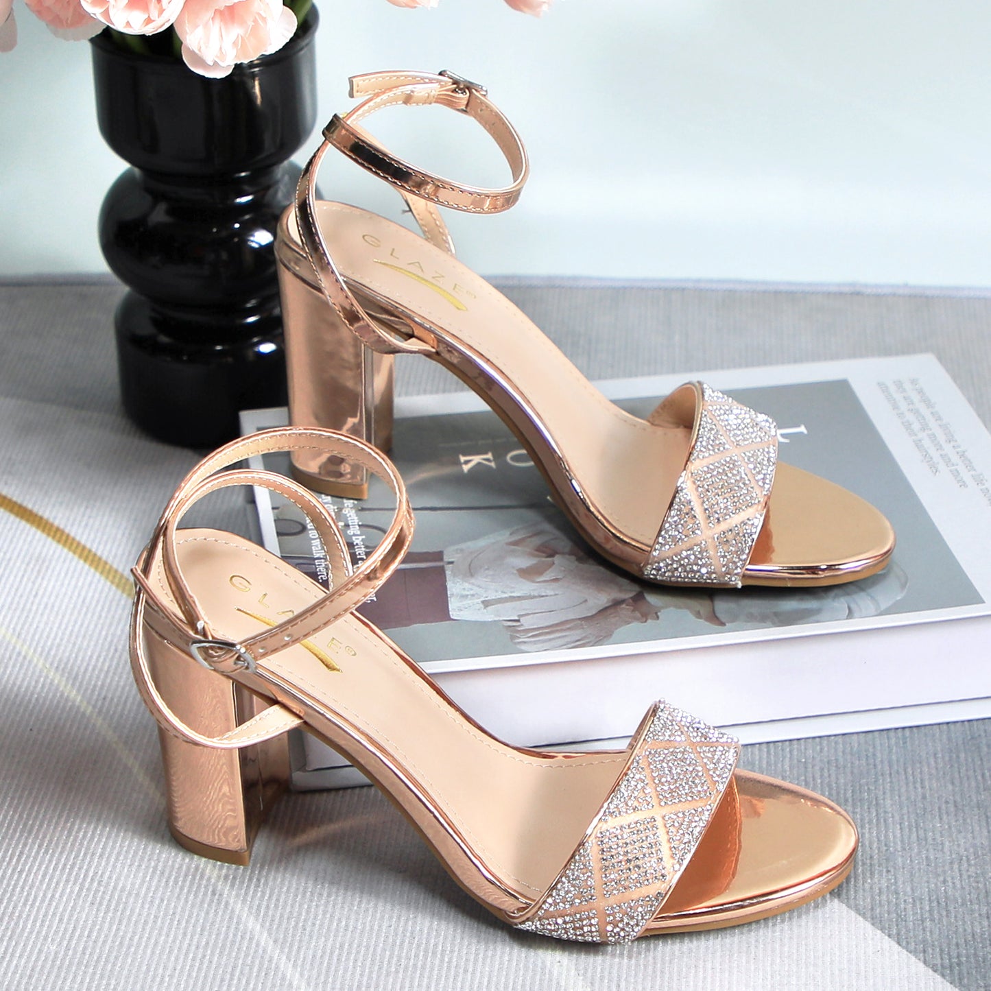 Women's Elegant Rhinestone Ankle Strap Sandals Open Toe Spaghetti Strap High Heel Thick Bottom Adjustable Buckle
