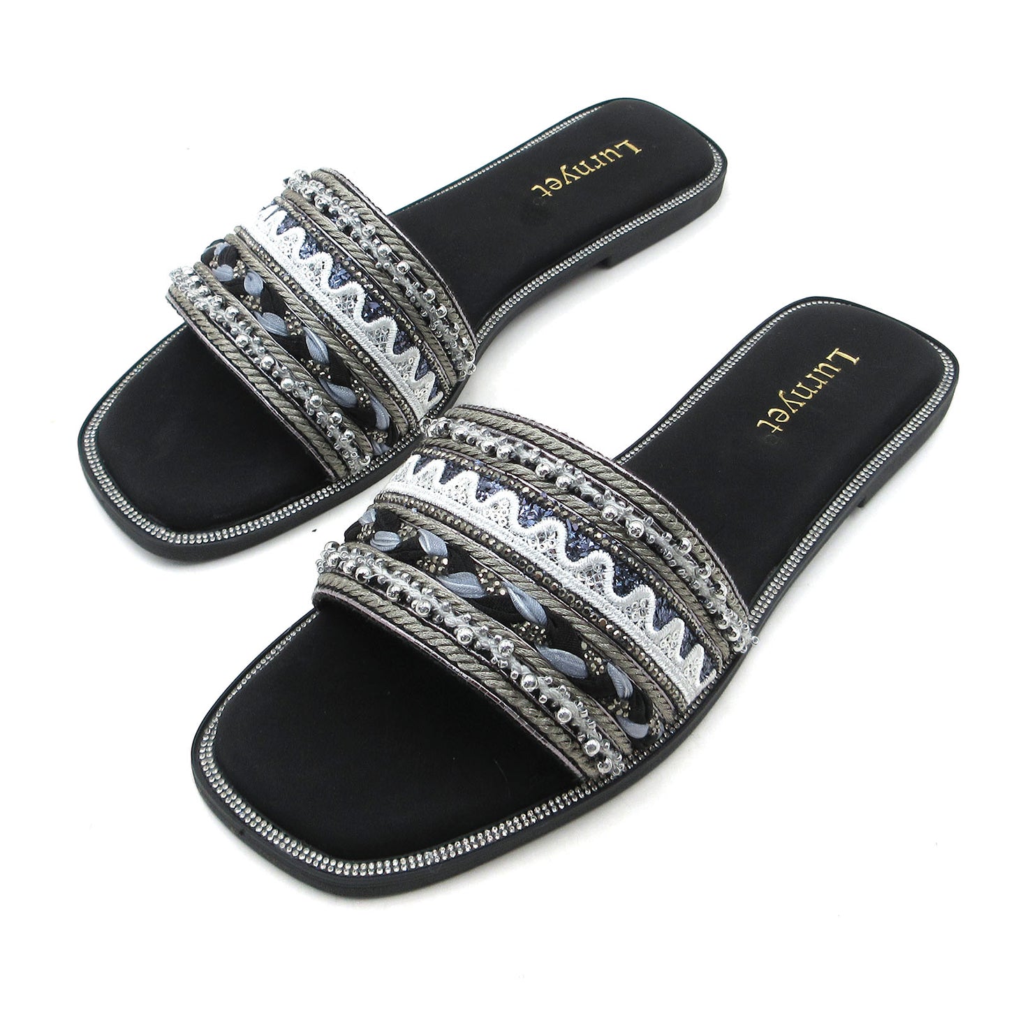 GJPBGK Women's Rhinestone Pearls Slide Sandals Summer Flats Sandals