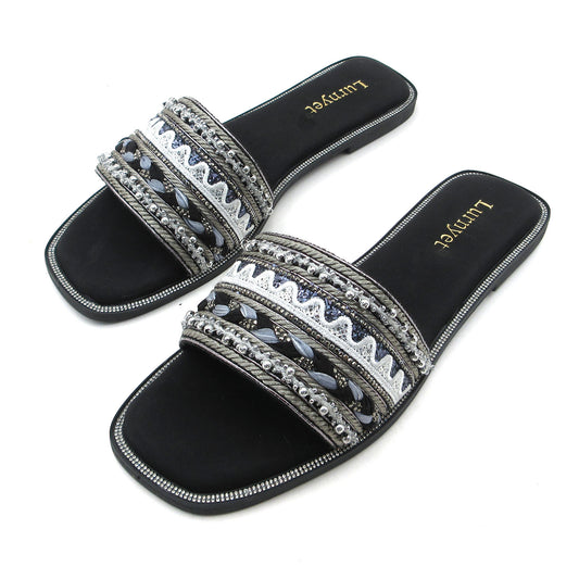 Women's Rhinestone Pearls Slide Sandals Summer Flats Sandals Size 6-10