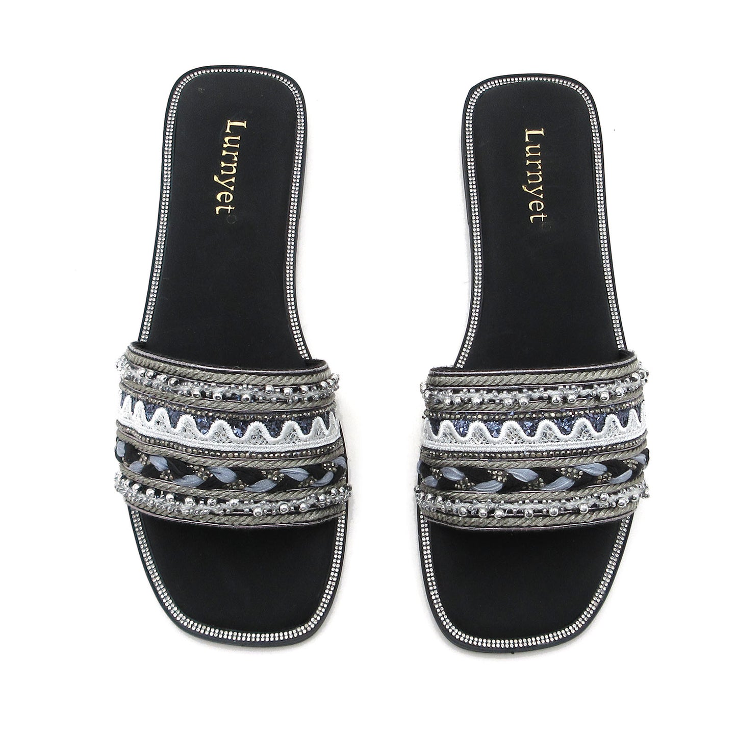 GJPBGK Women's Rhinestone Pearls Slide Sandals Summer Flats Sandals