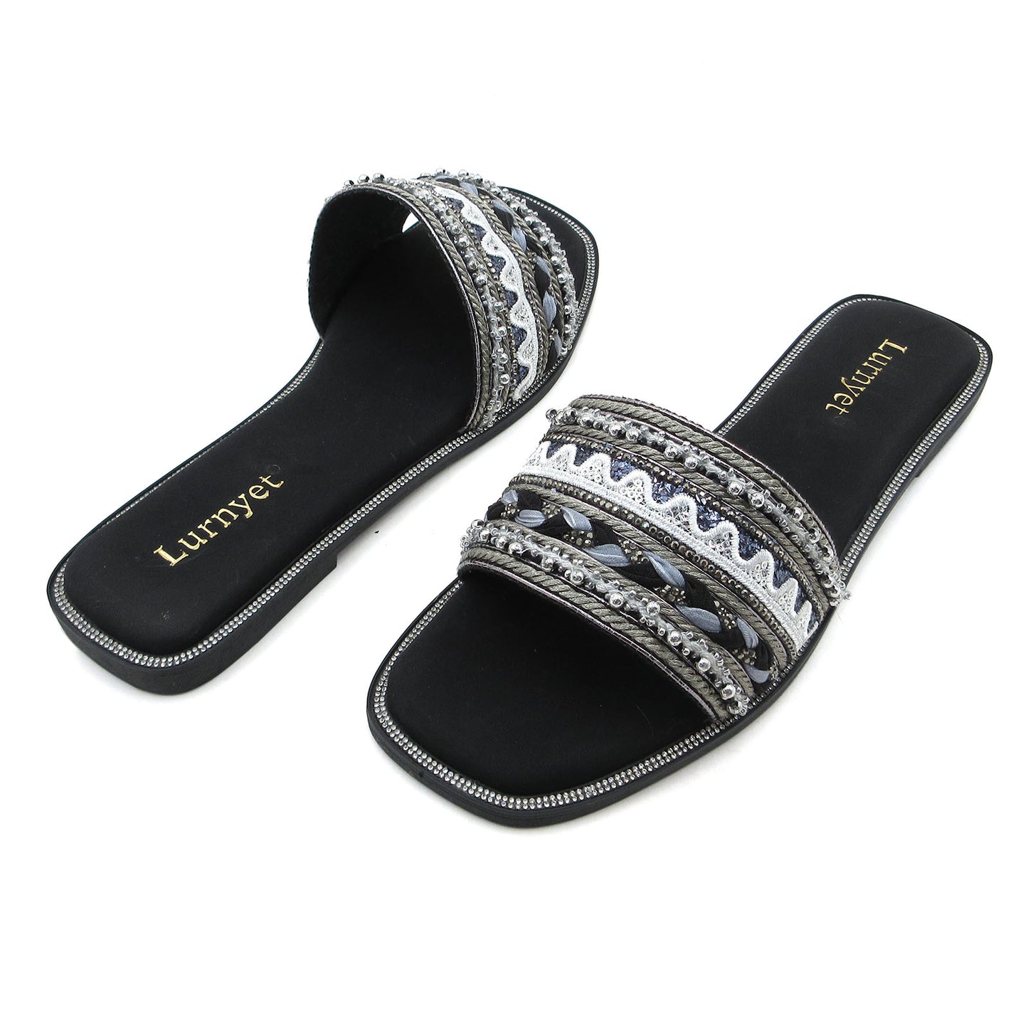 GJPBGK Women's Rhinestone Pearls Slide Sandals Summer Flats Sandals
