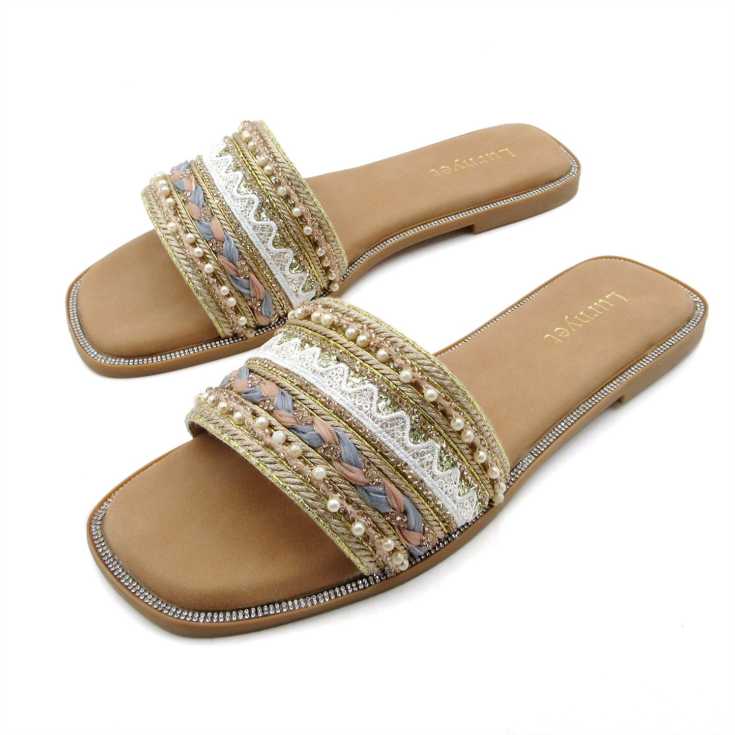 GJPBGK Women's Rhinestone Pearls Slide Sandals Summer Flats Sandals
