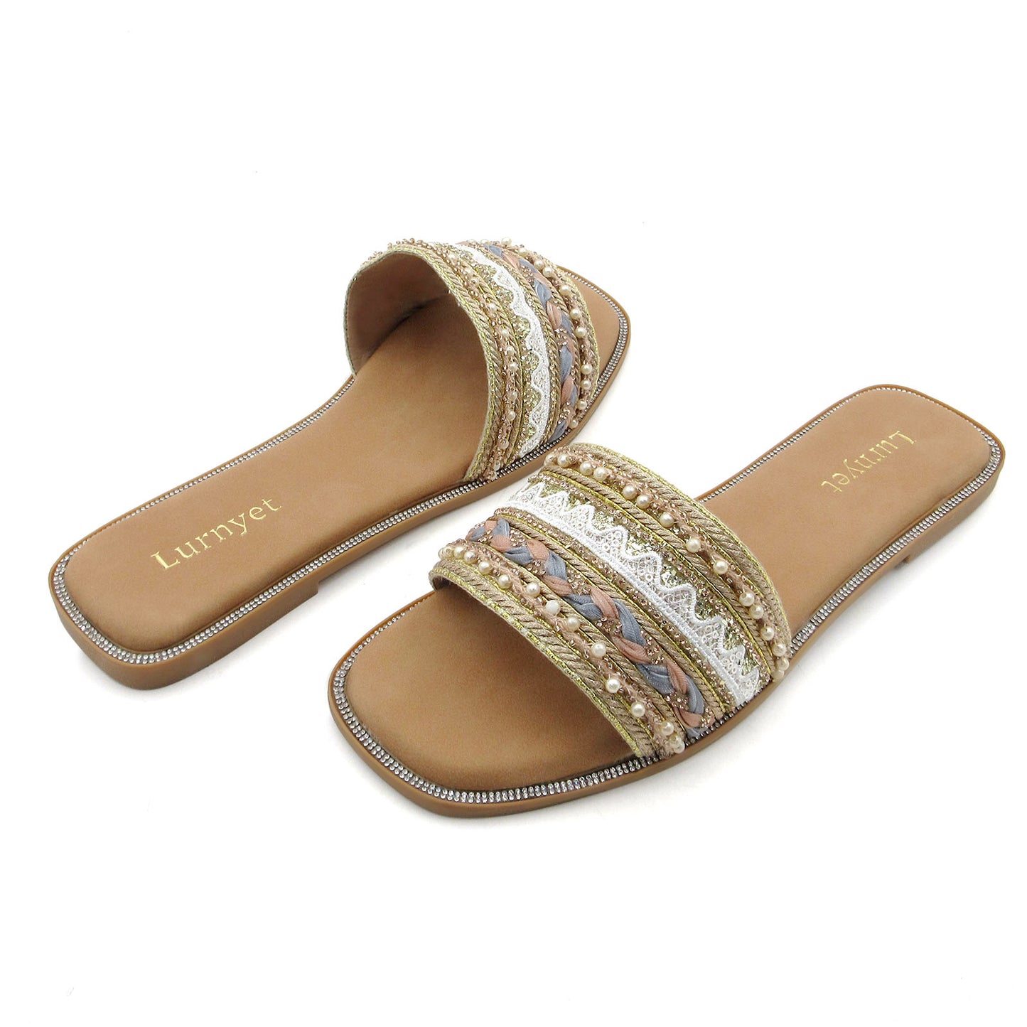 GJPBGK Women's Rhinestone Pearls Slide Sandals Summer Flats Sandals