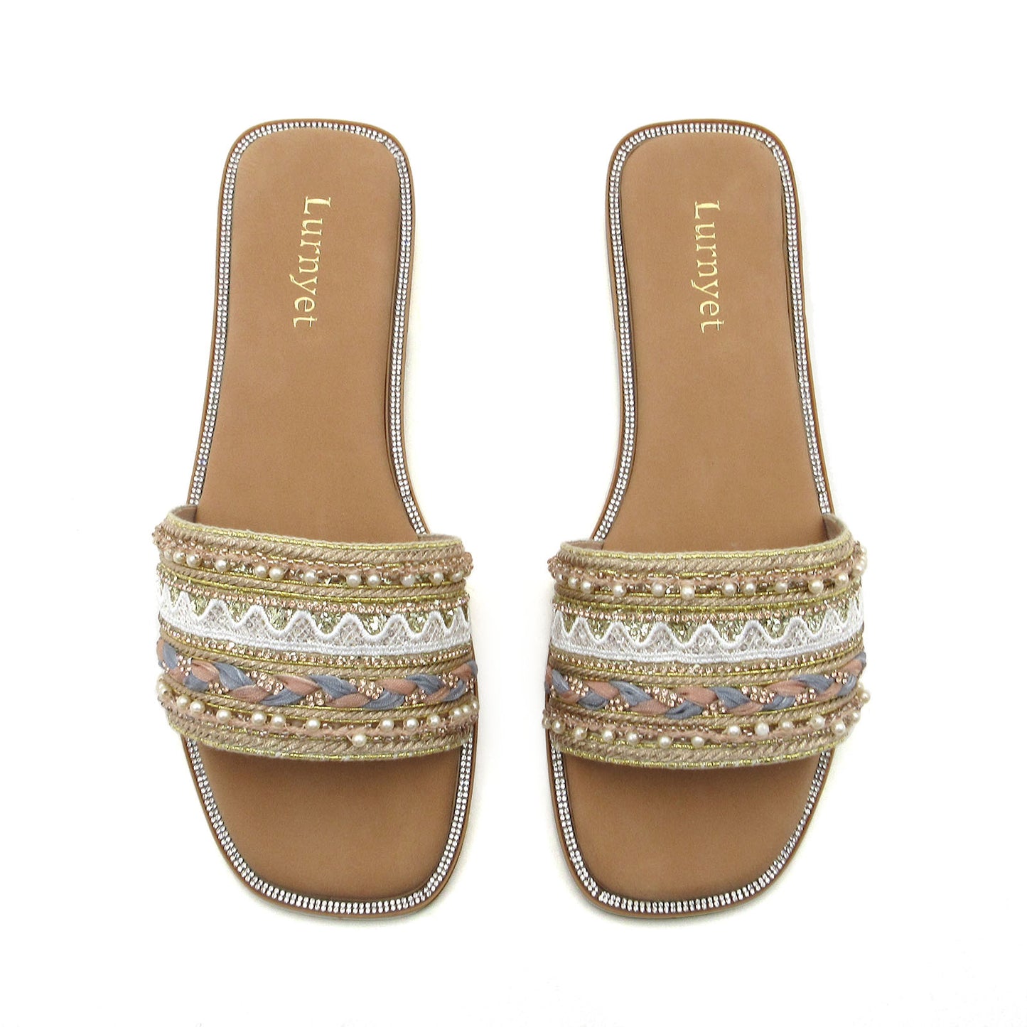 GJPBGK Women's Rhinestone Pearls Slide Sandals Summer Flats Sandals