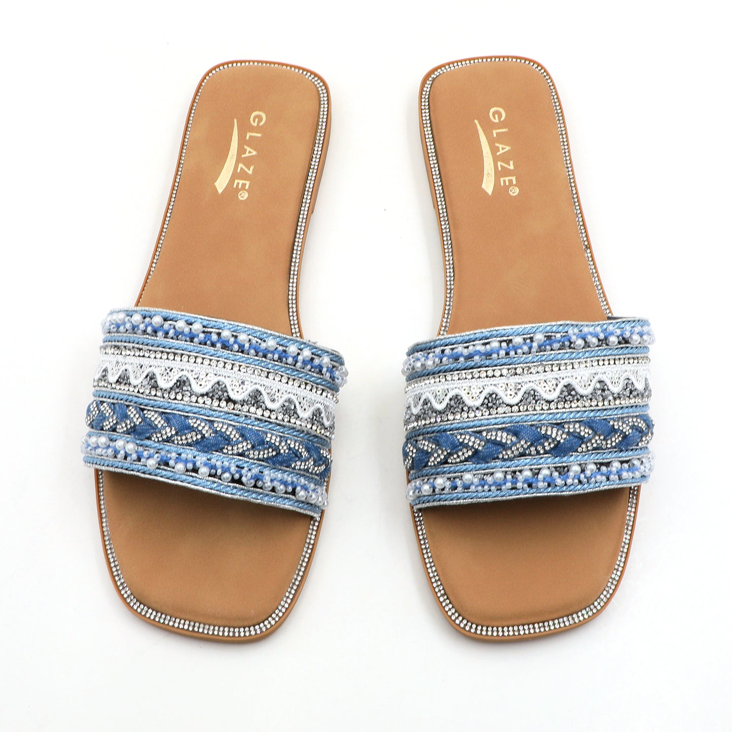 GJPBGK Women's Rhinestone Pearls Slide Sandals Summer Flats Sandals