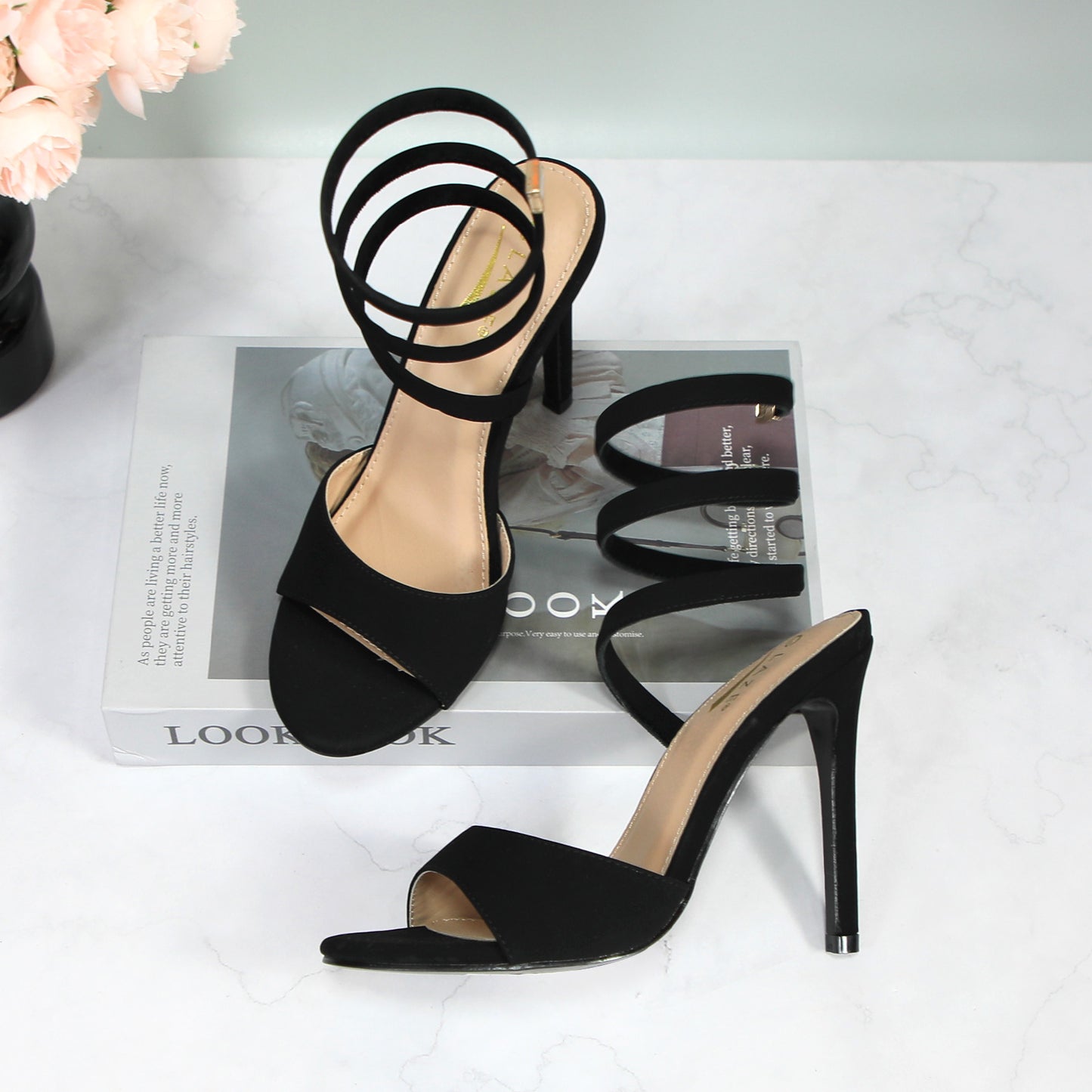 Womens Open Round Toe Leg Spiral Wrap Around Ankle Strap Stiletto Heel Sandal