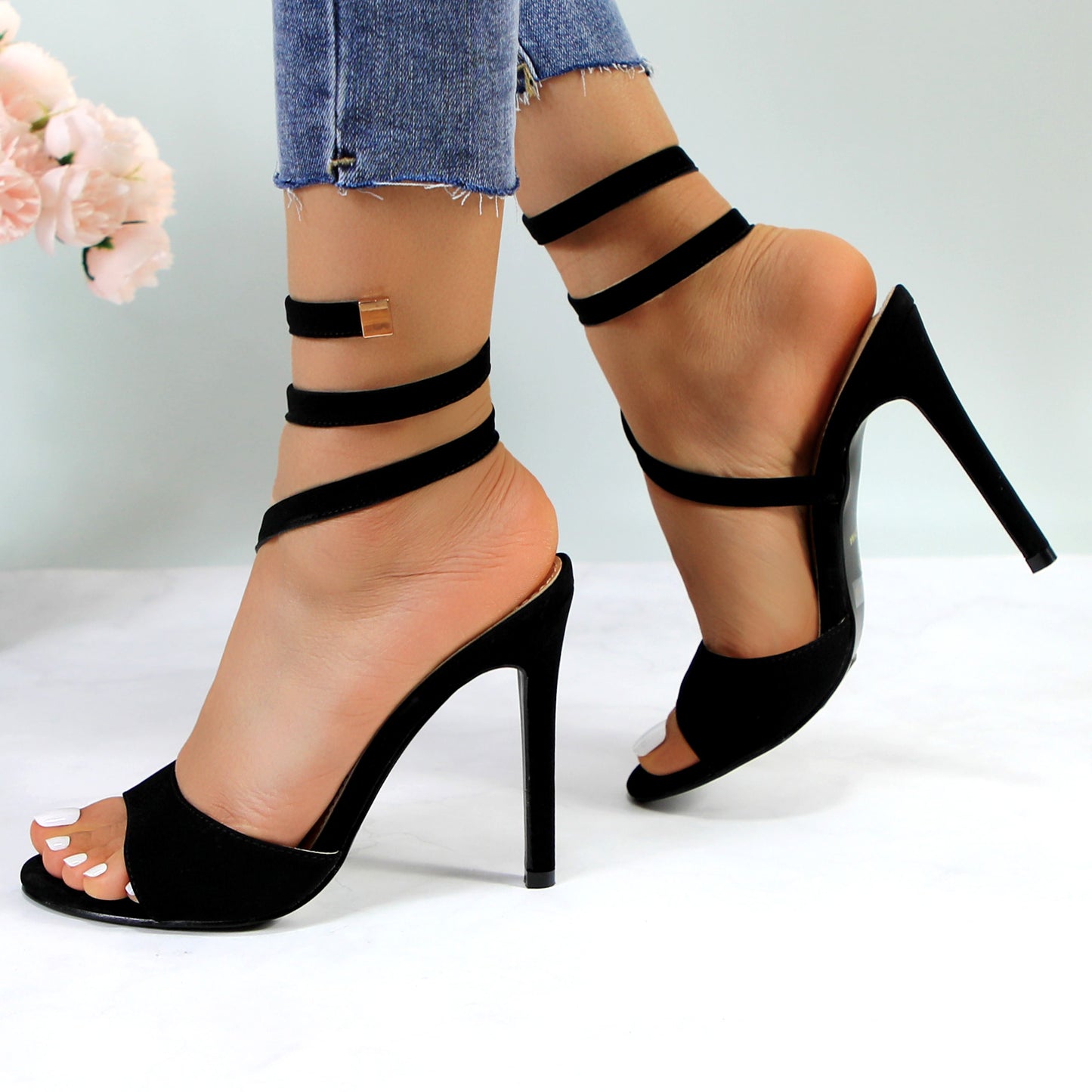 Womens Open Round Toe Leg Spiral Wrap Around Ankle Strap Stiletto Heel Sandal