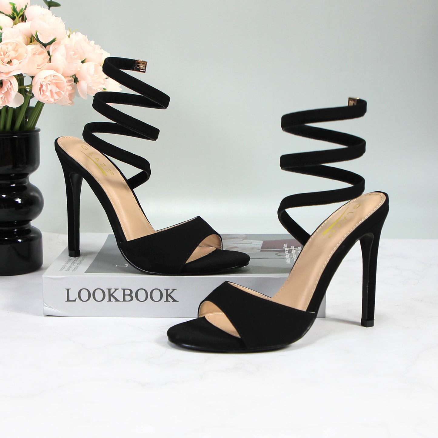 Womens Open Round Toe Leg Spiral Wrap Around Ankle Strap Stiletto Heel Sandal