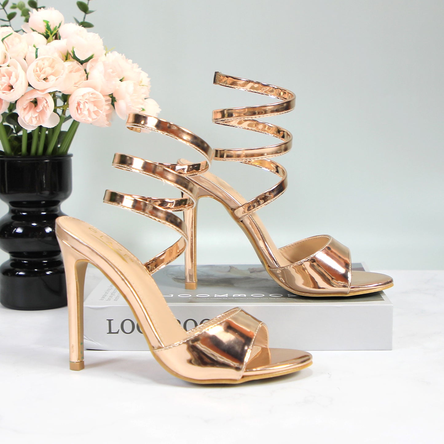 Womens Open Round Toe Leg Spiral Wrap Around Ankle Strap Stiletto Heel Sandal