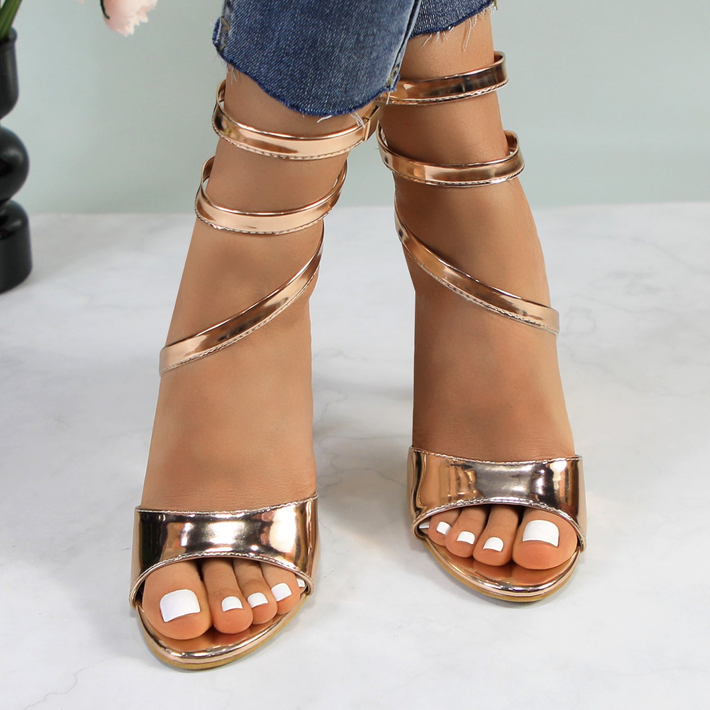 Womens Open Round Toe Leg Spiral Wrap Around Ankle Strap Stiletto Heel Sandal