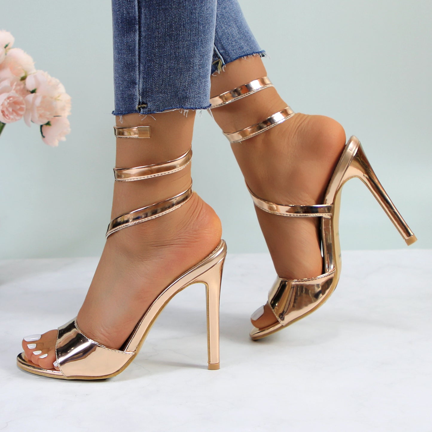 Womens Open Round Toe Leg Spiral Wrap Around Ankle Strap Stiletto Heel Sandal