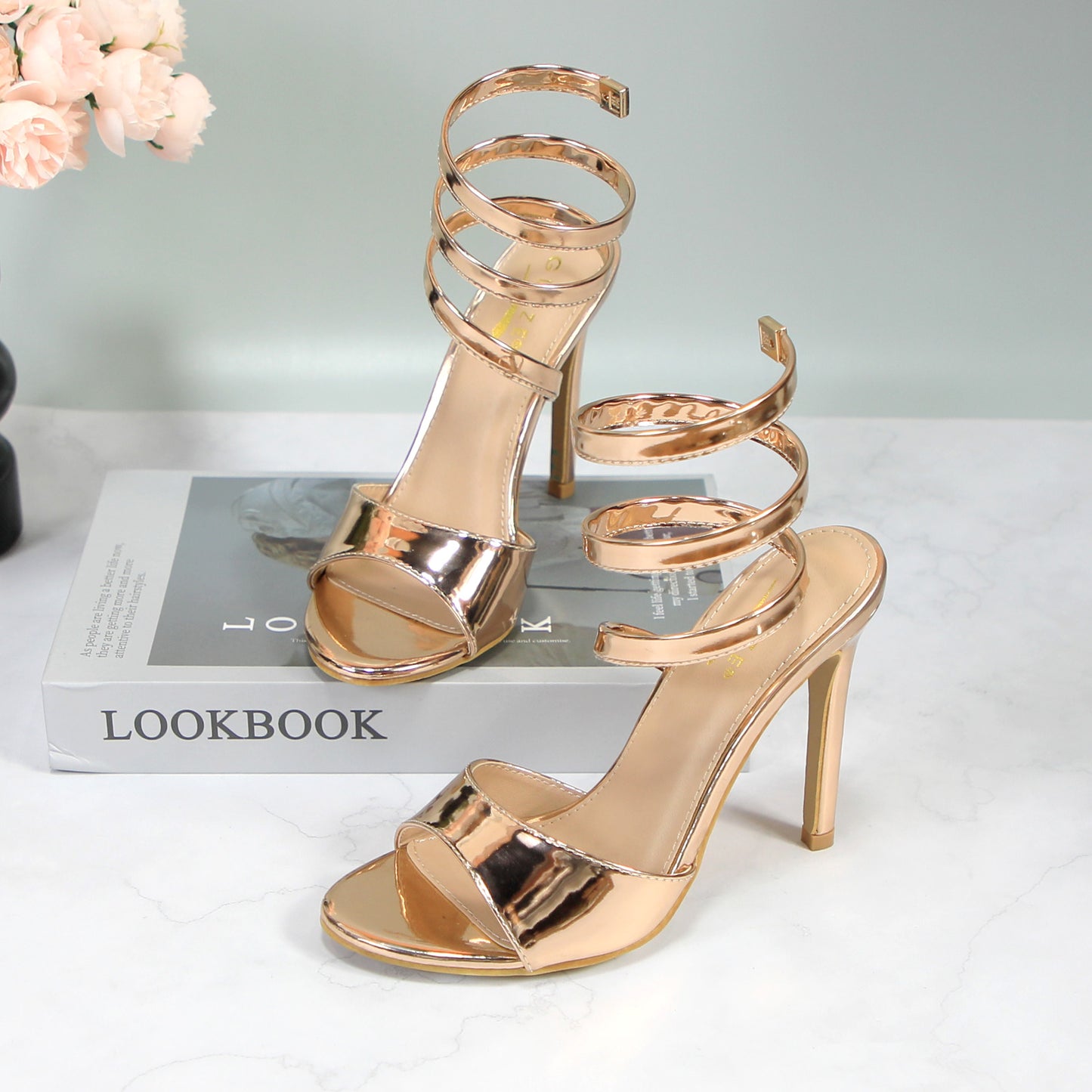 Womens Open Round Toe Leg Spiral Wrap Around Ankle Strap Stiletto Heel Sandal