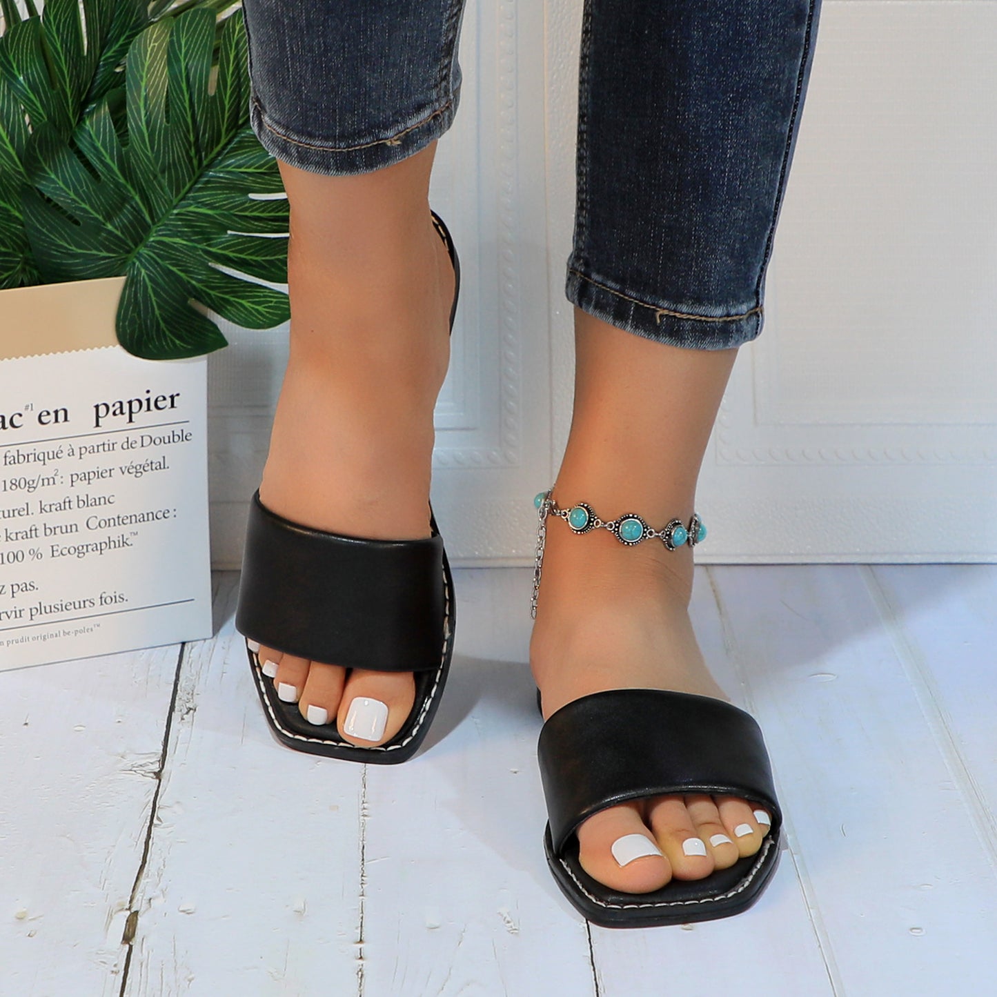 Women's Slide Sandals Fashion Square Open Toe with Cushioned Footbed Slippers for Beach Size