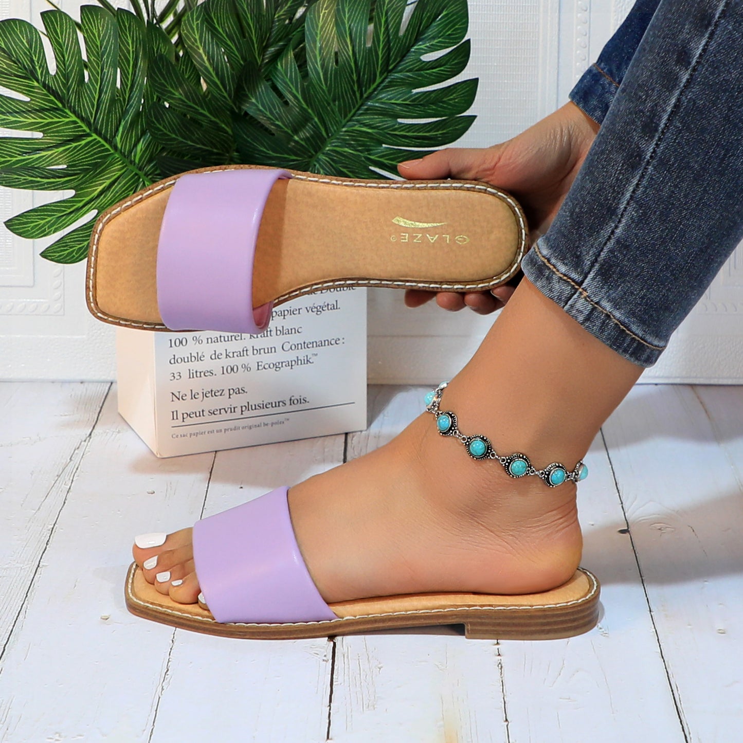 Women's Slide Sandals Fashion Square Open Toe with Cushioned Footbed Slippers for Beach Size