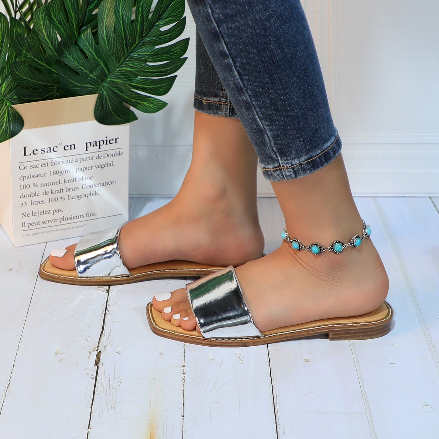 Women's Slide Sandals Fashion Square Open Toe with Cushioned Footbed Slippers for Beach Size