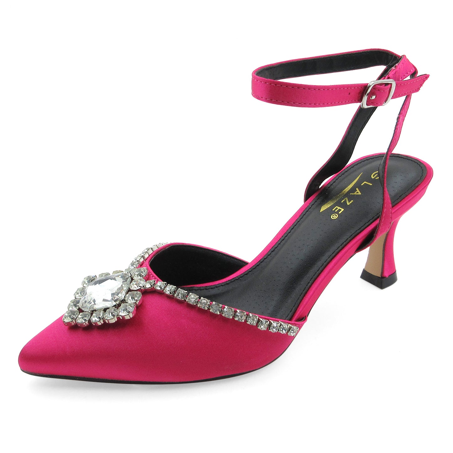 Faux Satin Pumps with Rhinestone Embellishment, Ankle Strap, Pointed Toe