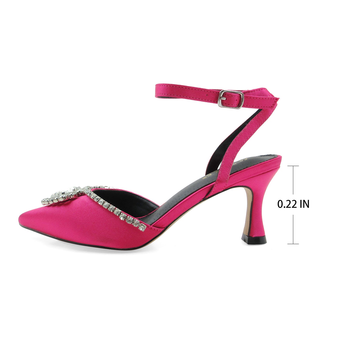 Faux Satin Pumps with Rhinestone Embellishment, Ankle Strap, Pointed Toe