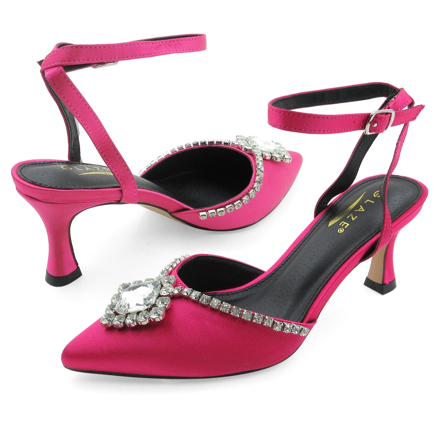 Faux Satin Pumps with Rhinestone Embellishment, Ankle Strap, Pointed Toe