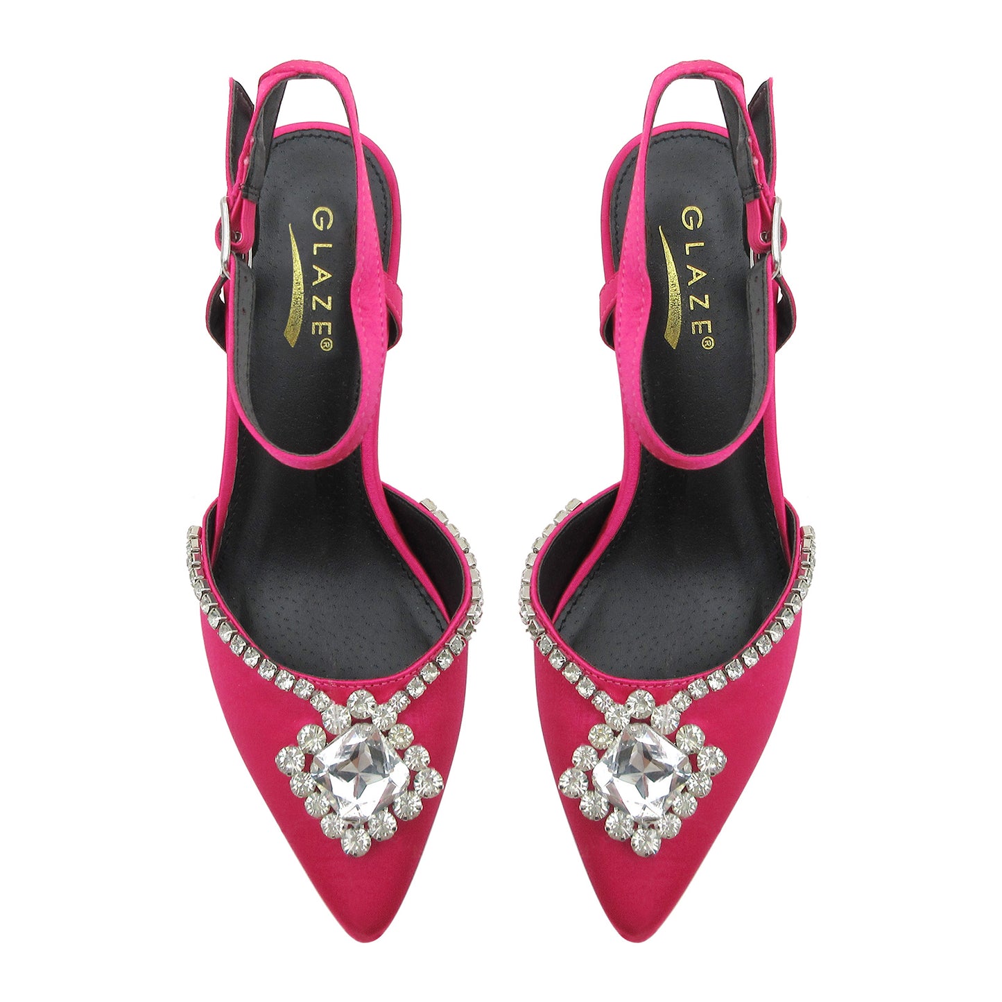 Faux Satin Pumps with Rhinestone Embellishment, Ankle Strap, Pointed Toe