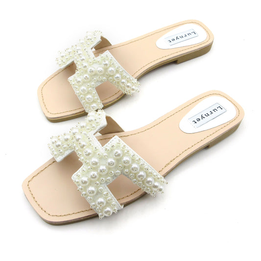 Women's Pearl Embellished Comfort Cushion Slide Flat Sandals: Indoor/Outdoor Slippers, Perfect for Parties, Gatherings, Casual Wear, Vacations, and Beach Days