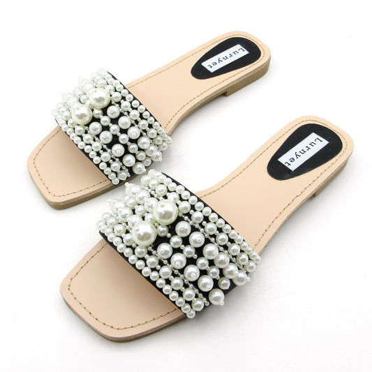 Women's Pearl Embellished Comfort Cushion Flat Sandals: Indoor/Outdoor Slippers, Perfect for Parties, Gatherings, Casual Wear, Vacations, and Beach Days