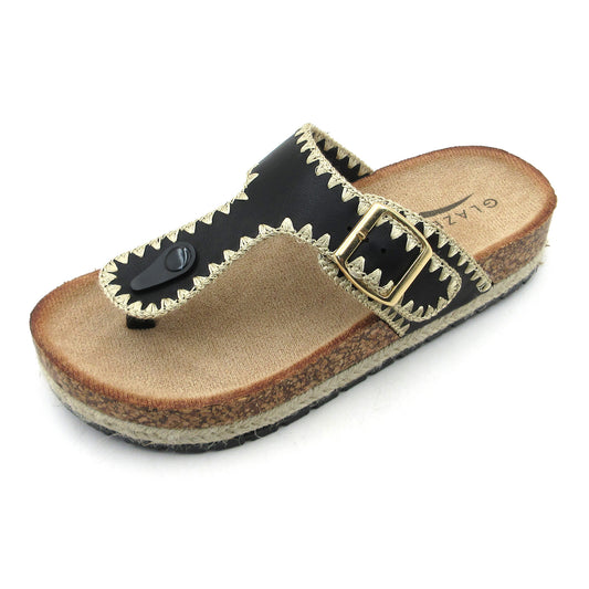 Women's Comfort Cushion Slippers with Cork Insole, Gold Buckle: fashionable design, non-slip rubber soles, latex insole comfort