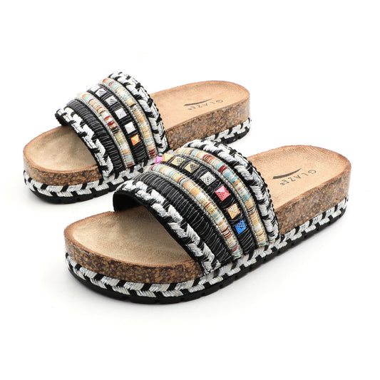 Women's Slide Sandals Cork Footbed Bed Retro Riveted Print Color Blocking Canvas Platform Sandals Dressy Summer Casual Flat Bottom Slippers