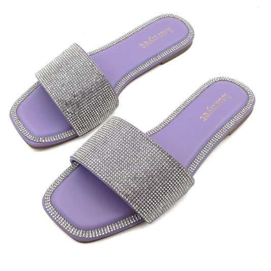 Women's Rhinestone Sandals Slide Casual Flat Sandal Square Open Toe Size 6-10