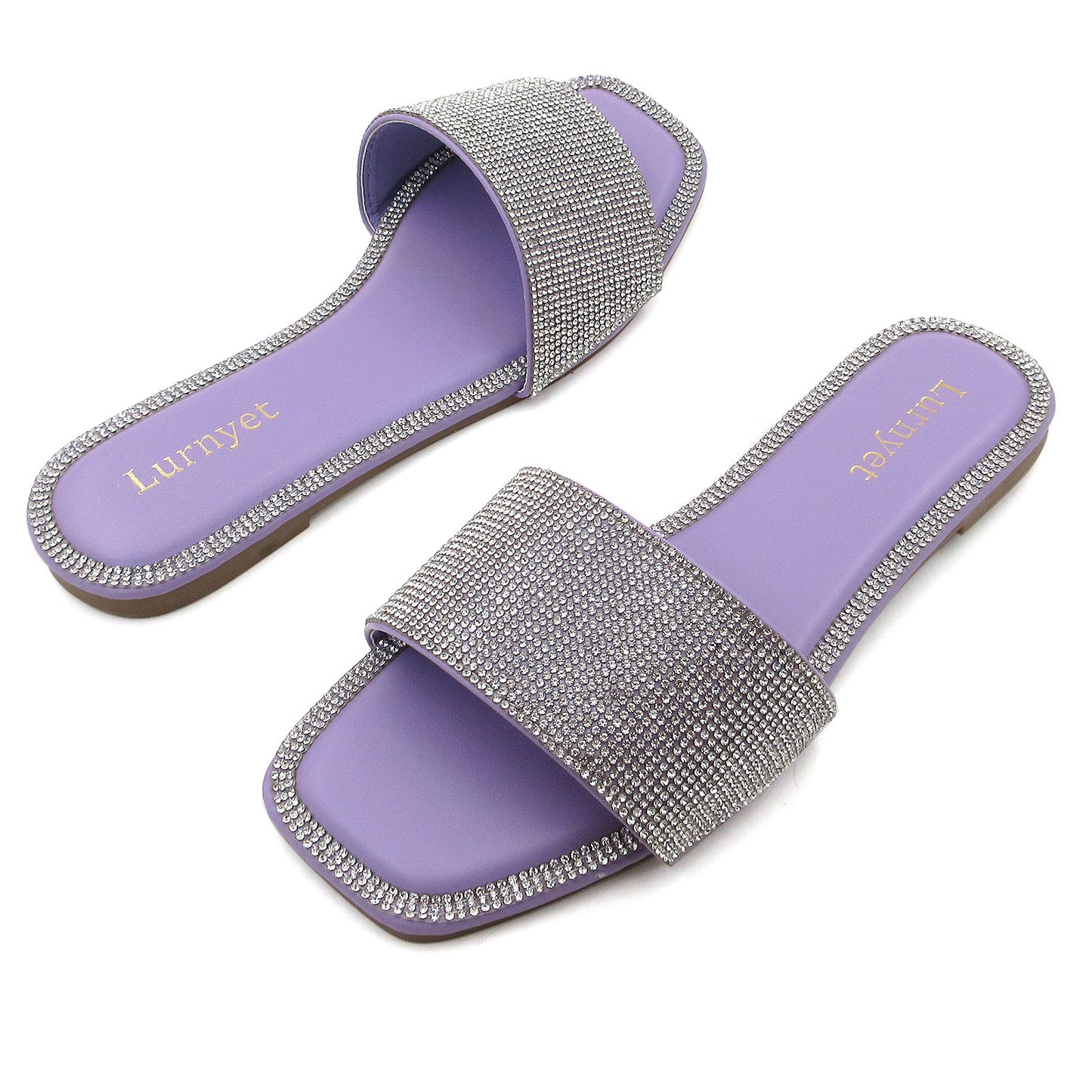 Women's Rhinestone Sandals Slide Casual Flat Sandal Square Open Toe Size 6-10