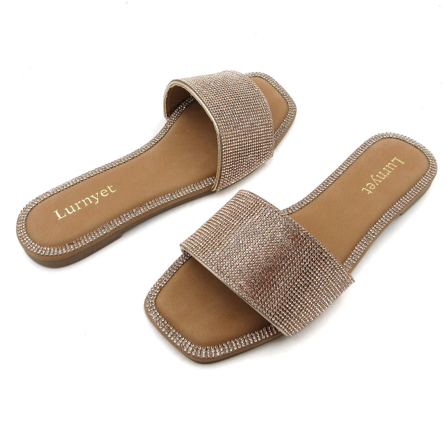 Women's Rhinestone Sandals Slide Casual Flat Sandal Square Open Toe Size 6-10