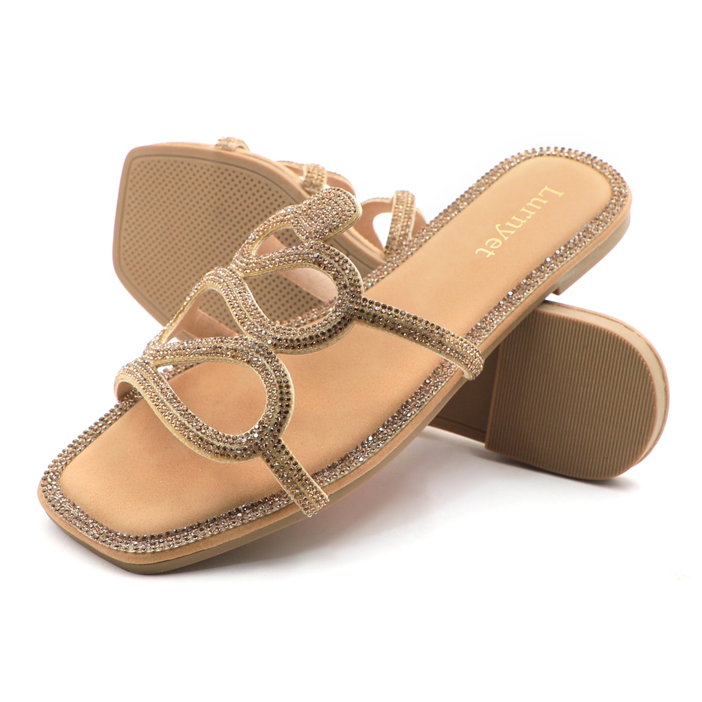 Women's Crystal Rhinestone Comfort Cushion Flat Sandals with Square Toe Slip-On Slides: Stylish Design, Non-Slip Rubber Sole, Latex Insole for Comfort, Perfect for Shopping, Parties, and Casual Outings
