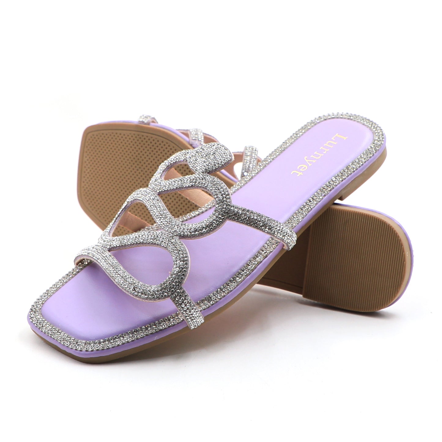 Women's Crystal Rhinestone Comfort Cushion Flat Sandals with Square Toe Slip-On Slides: Stylish Design, Non-Slip Rubber Sole, Latex Insole for Comfort, Perfect for Shopping, Parties, and Casual Outings