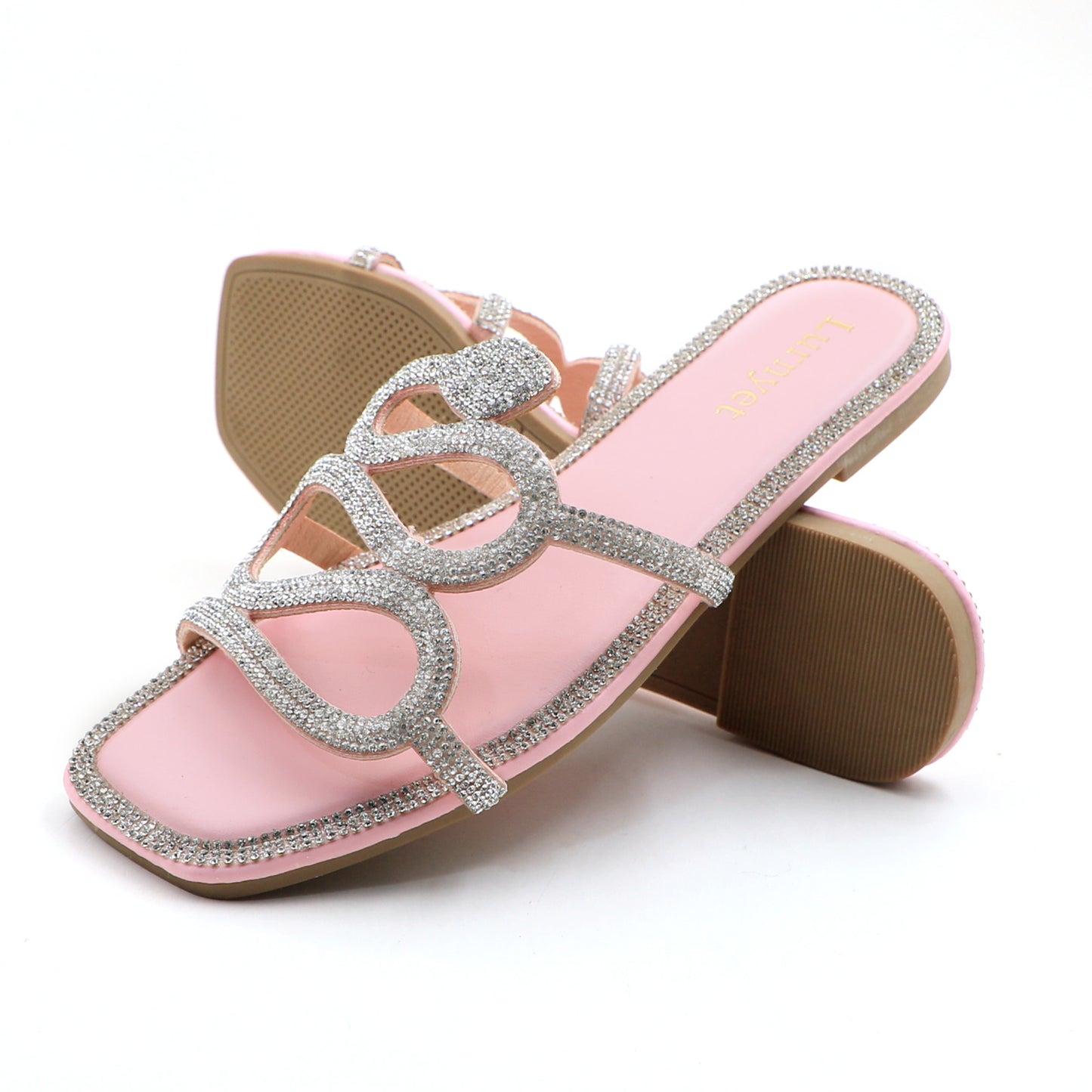 Women's Crystal Rhinestone Comfort Cushion Flat Sandals with Square Toe Slip-On Slides: Stylish Design, Non-Slip Rubber Sole, Latex Insole for Comfort, Perfect for Shopping, Parties, and Casual Outings