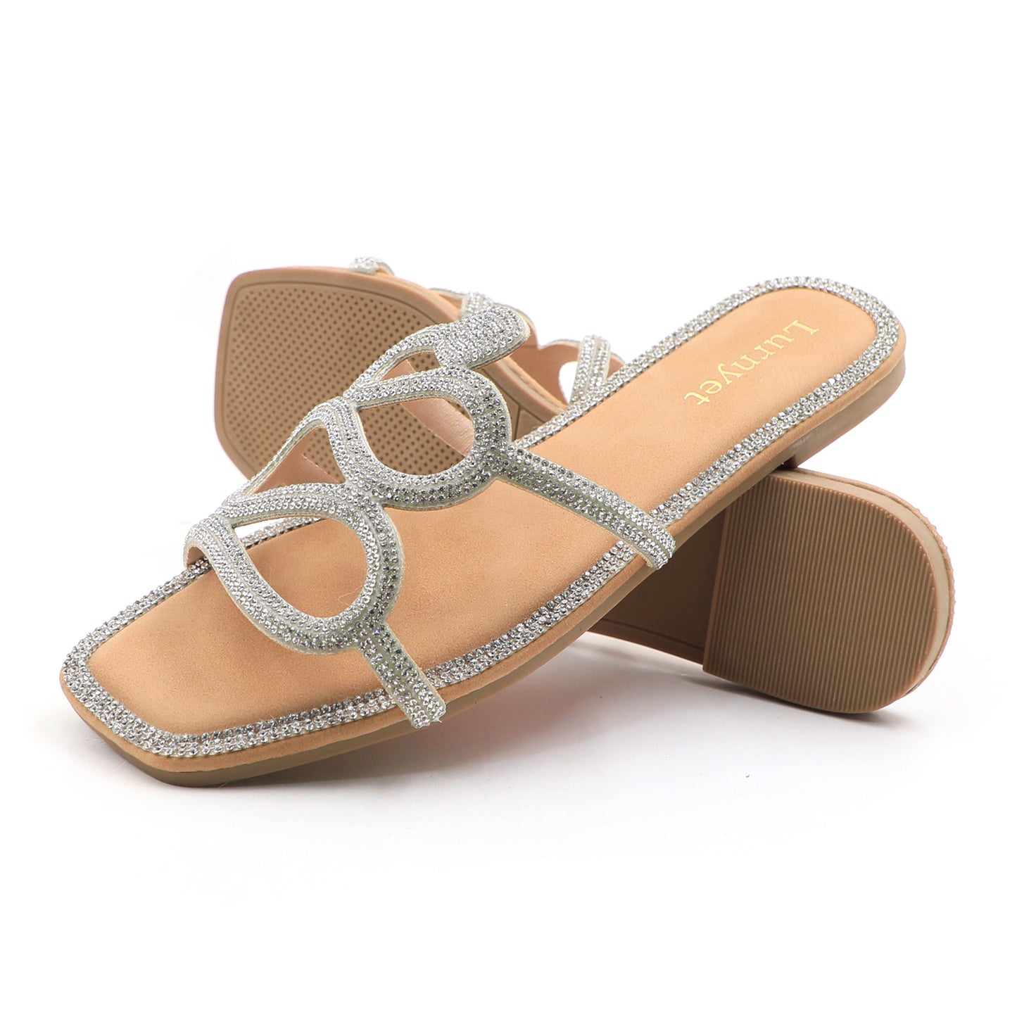 Women's Crystal Rhinestone Comfort Cushion Flat Sandals with Square Toe Slip-On Slides: Stylish Design, Non-Slip Rubber Sole, Latex Insole for Comfort, Perfect for Shopping, Parties, and Casual Outings
