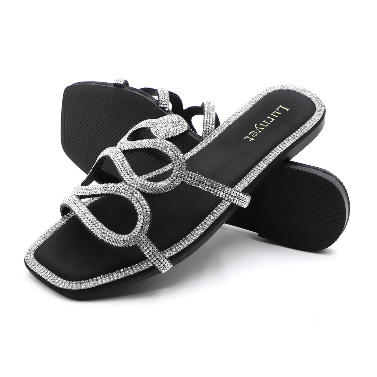 Women's Crystal Rhinestone Comfort Cushion Flat Sandals with Square Toe Slip-On Slides: Stylish Design, Non-Slip Rubber Sole, Latex Insole for Comfort, Perfect for Shopping, Parties, and Casual Outings