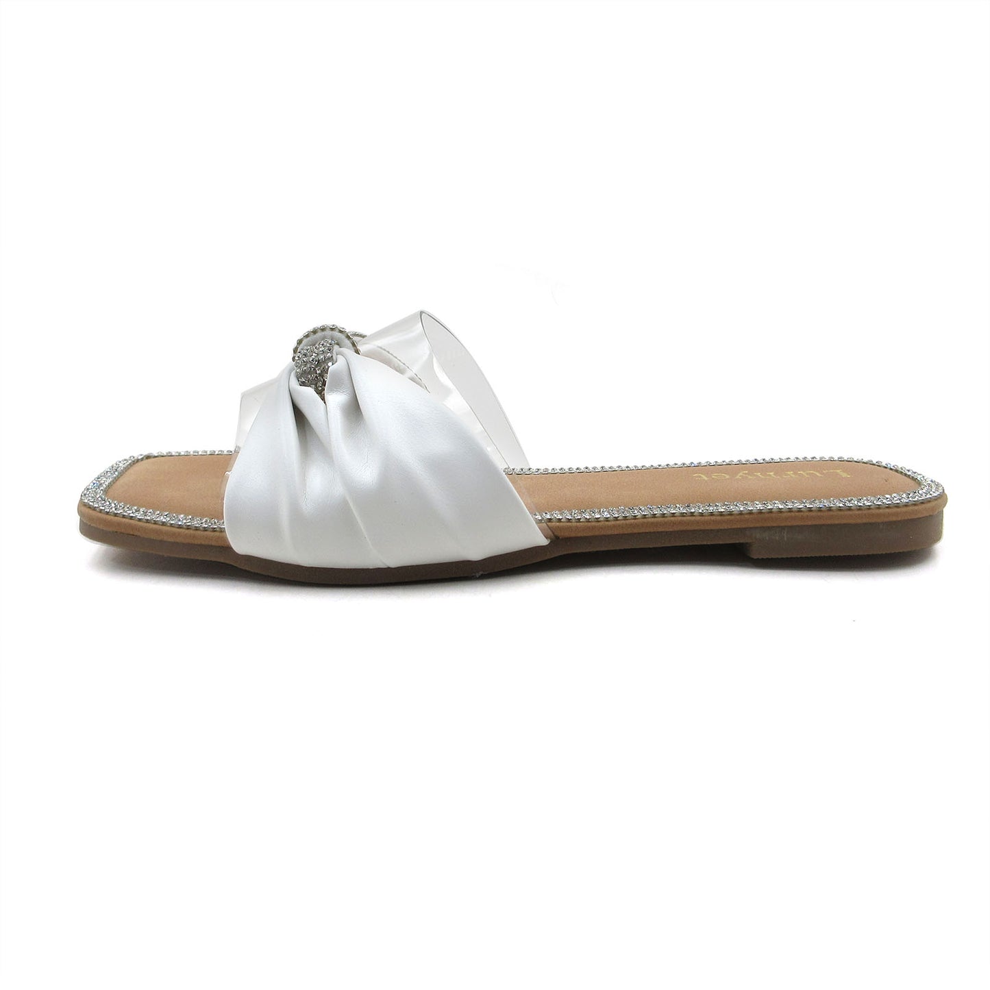 Women's Crystal-Embellished Comfort Cushion Slide Sandals with Bow Detail Clear Strap, Rhinestone Trim: Perfect for Parties, Gatherings, Casual Wear, Vacations, and Beach Days