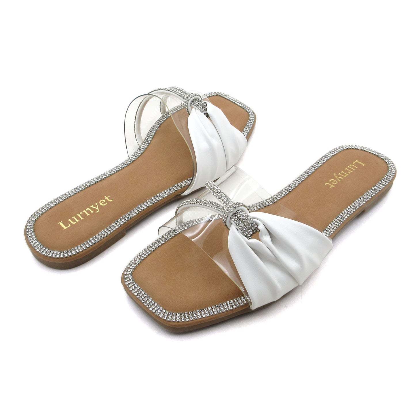 Women's Crystal-Embellished Comfort Cushion Slide Sandals with Bow Detail Clear Strap, Rhinestone Trim: Perfect for Parties, Gatherings, Casual Wear, Vacations, and Beach Days