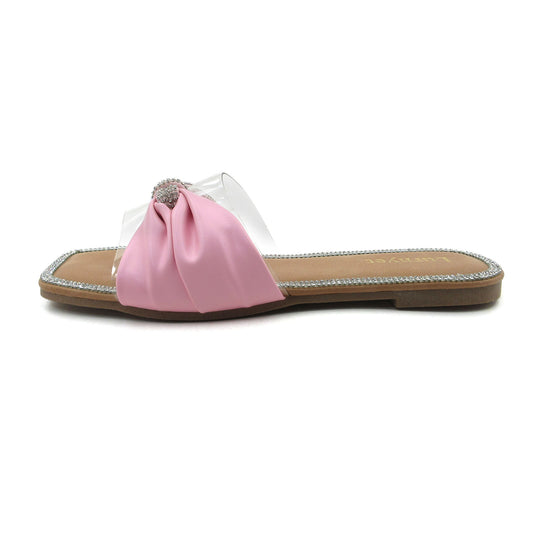 Women's Crystal-Embellished Comfort Cushion Slide Sandals with Bow Detail Clear Strap, Rhinestone Trim: Perfect for Parties, Gatherings, Casual Wear, Vacations, and Beach Days